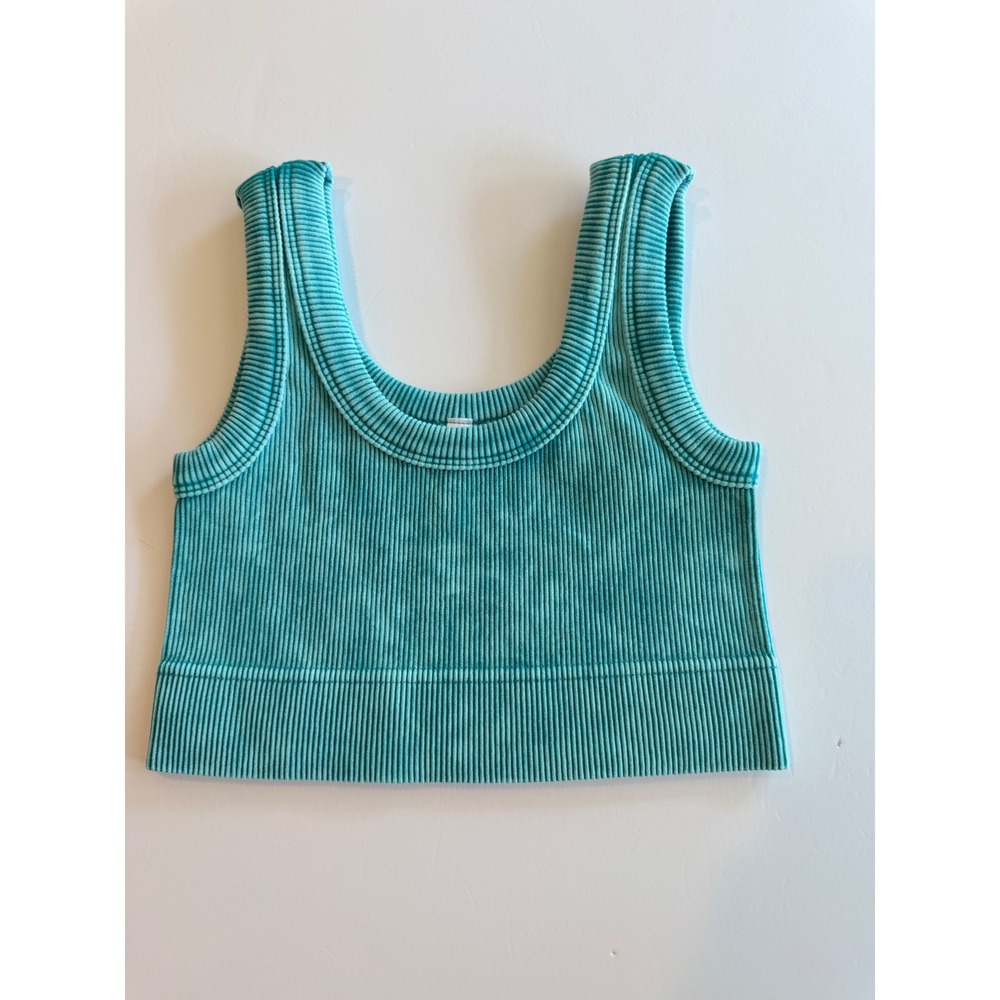 Zenana Ribbed Mineral Wash Crop Tank Top Teal Blue Seamless S/M